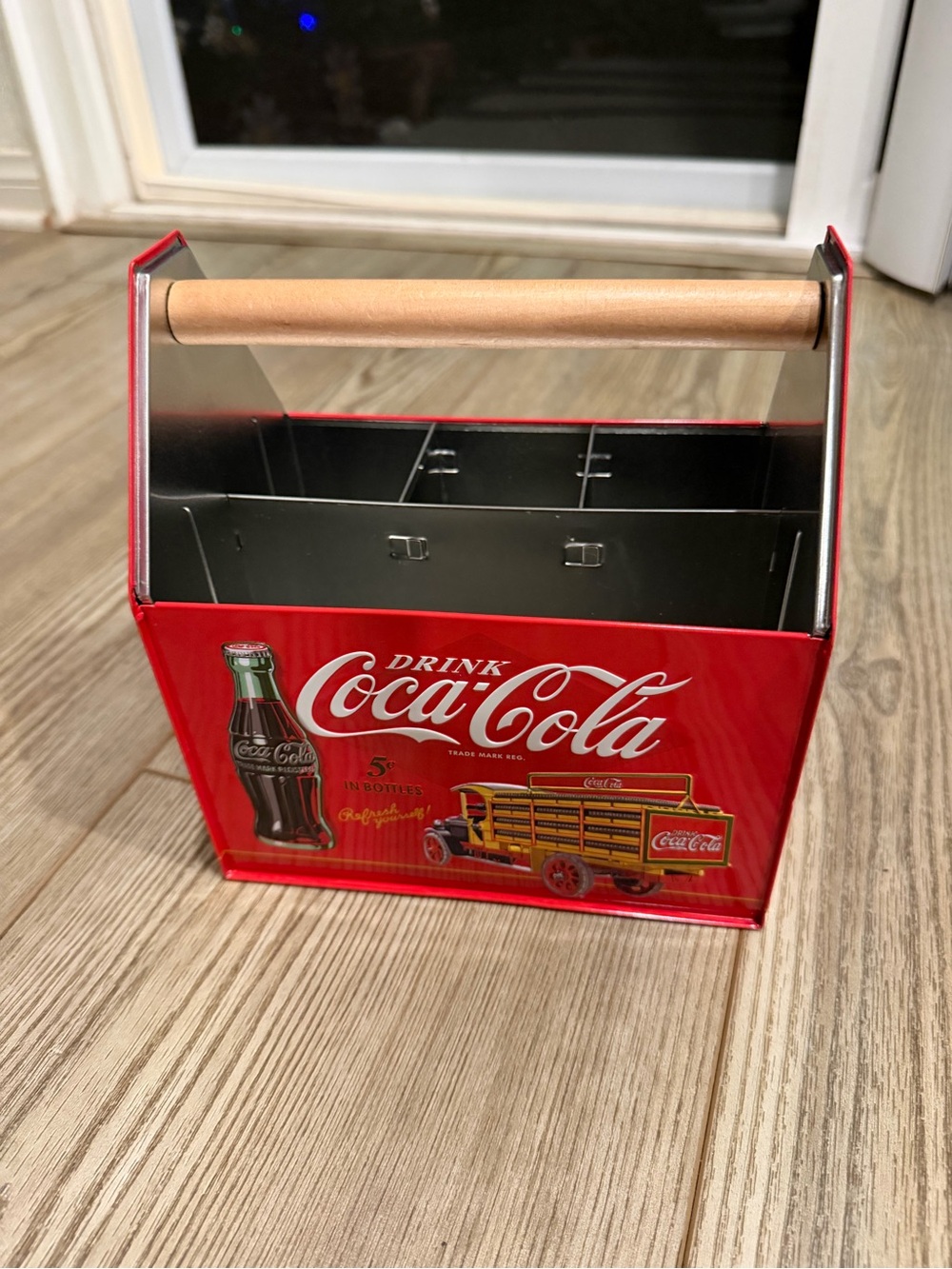 Coca-Cola Red Metal Bottle Caddy with Wood Handle